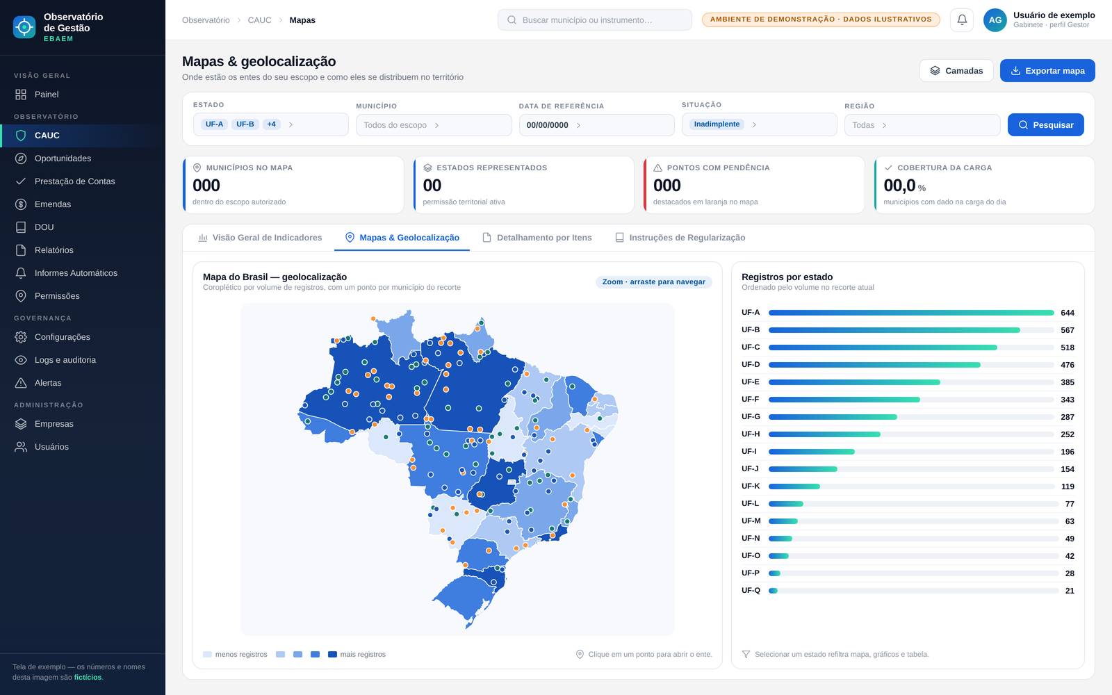 Tela de mapas e geolocalização: mapa do Brasil colorido por volume de registros, com um ponto para cada município do recorte, ao lado de uma lista de registros por estado ordenada por volume.